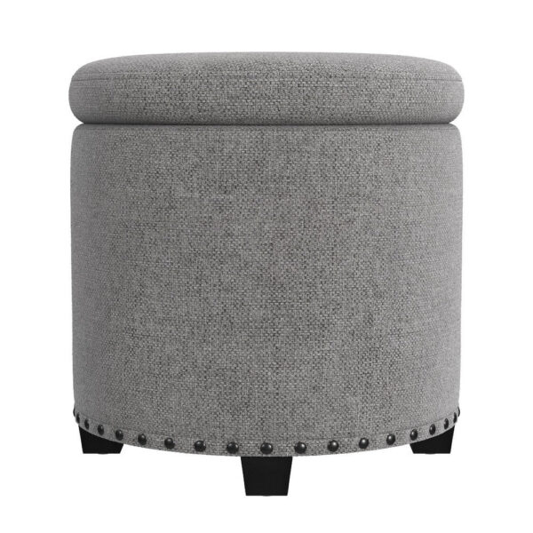 Zoya Storage Ottoman, 19 Inch Round Lift Top, Light Gray Woven Fabric