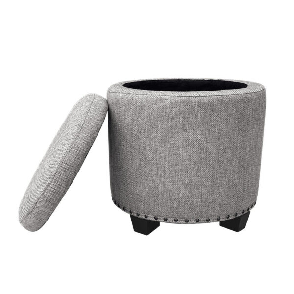 Zoya Storage Ottoman, 19 Inch Round Lift Top, Light Gray Woven Fabric