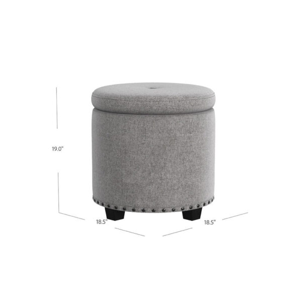 Zoya Storage Ottoman, 19 Inch Round Lift Top, Light Gray Woven Fabric