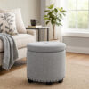 Zoya Storage Ottoman, 19 Inch Round Lift Top, Light Gray Woven Fabric