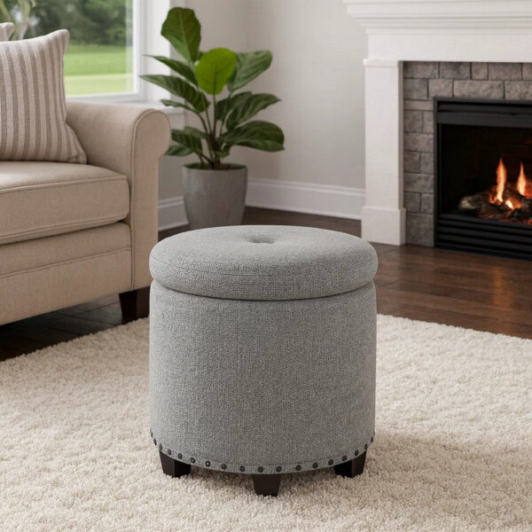 Zoya Storage Ottoman, 19 Inch Round Lift Top, Light Gray Woven Fabric