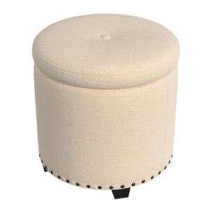 Zoya Storage Ottoman, 19 Inch Round Lift Top, Beige Woven Fabric