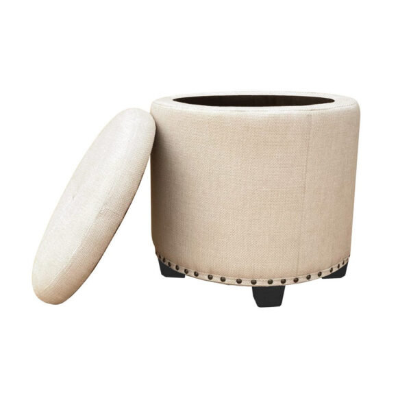 Zoya Storage Ottoman, 19 Inch Round Lift Top, Beige Woven Fabric