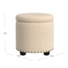 Zoya Storage Ottoman, 19 Inch Round Lift Top, Beige Woven Fabric