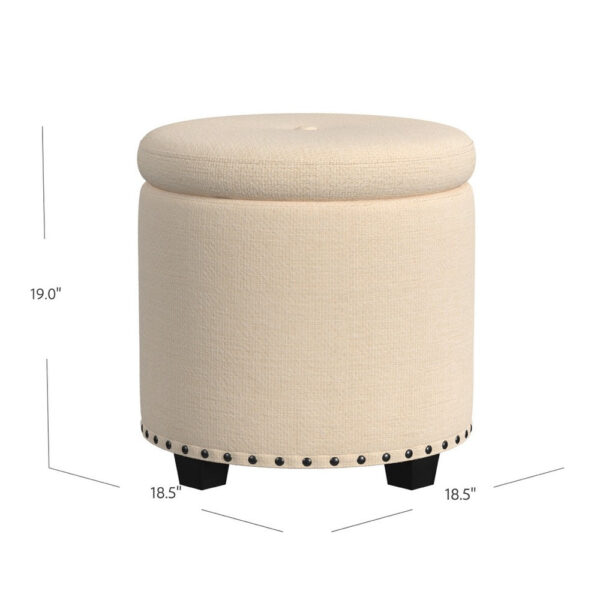 Zoya Storage Ottoman, 19 Inch Round Lift Top, Beige Woven Fabric