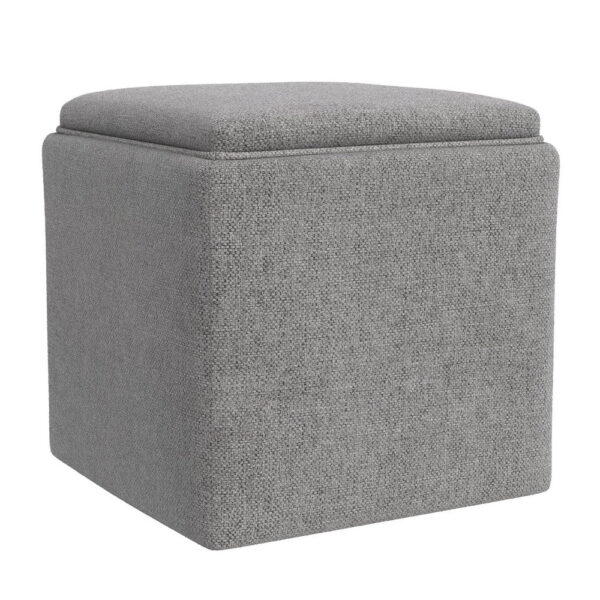Soa Storage Accent Ottoman, 18 Inch Square Tray Top, Gray Woven Fabric
