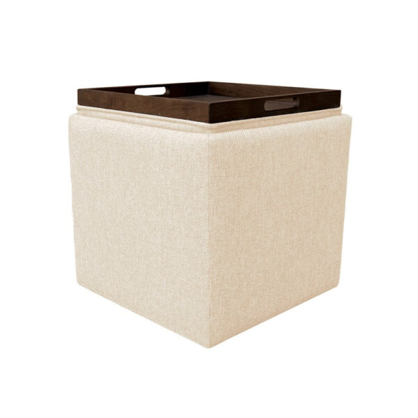 Soa Storage Ottoman, 18 Inch Square Tray Top, Beige Woven Fabric