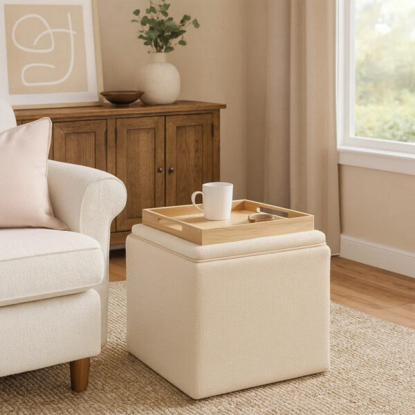 Soa Storage Ottoman, 18 Inch Square Tray Top, Beige Woven Fabric