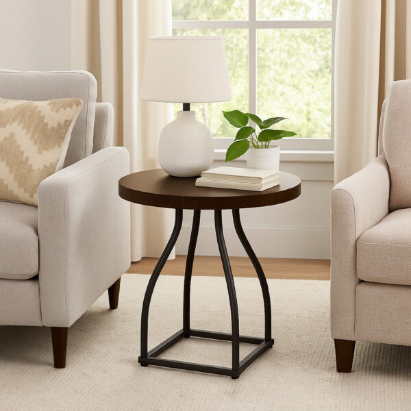 Tior Accent Table, 20 Inch Round Wood Laminate Top, Black Metal Base