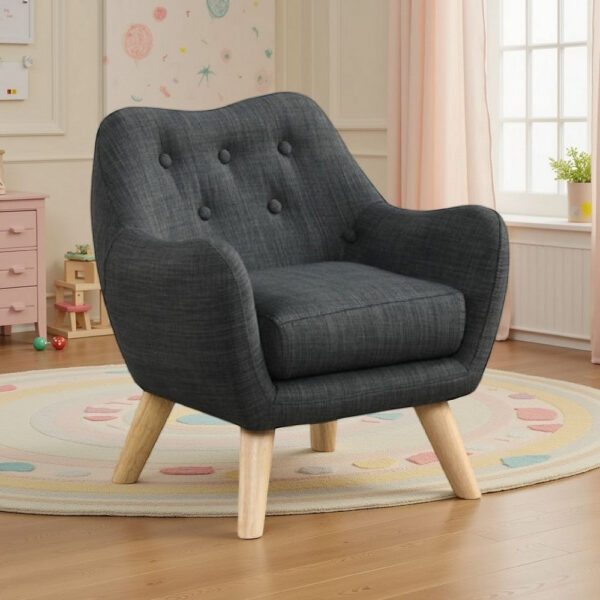 Binie Kids Chair with Wood Angled Legs, Gray Button Tufted Linen