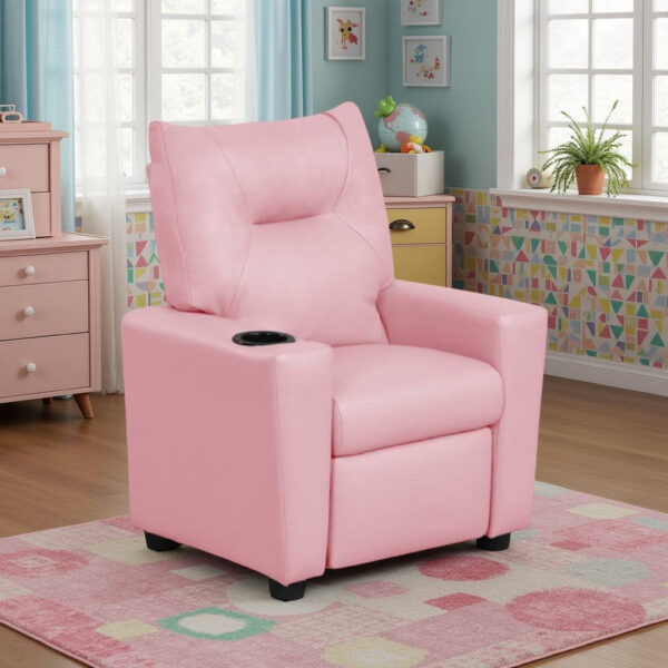 Chang Kids Recliner Chair, Built In Cupholder, Pink Faux Leather