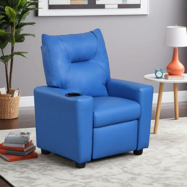 Chang Kids Recliner Chair, Built In Cupholder, Blue Faux Leather