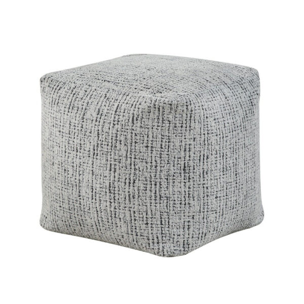 Modern Pouf Ottoman, Black White Textured Chenille, 16 Inch Square
