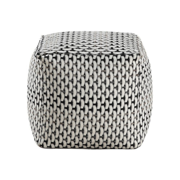 Modern Pouf Ottoman, Black White Basket Woven Jacquard, 16 Inch Square