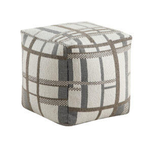 Modern Pouf Ottoman, Beige Gray Chunky Plaid Jacquard, 16 Inch Square