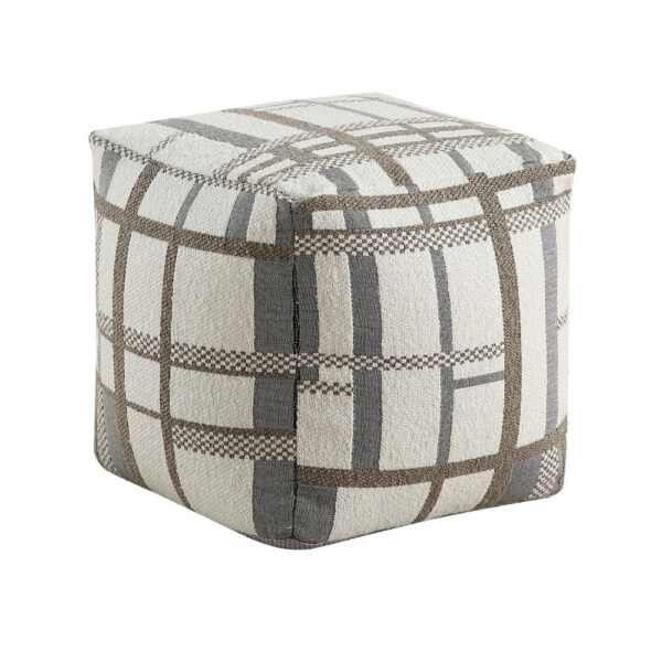 Modern Pouf Ottoman, Beige Gray Chunky Plaid Jacquard, 16 Inch Square