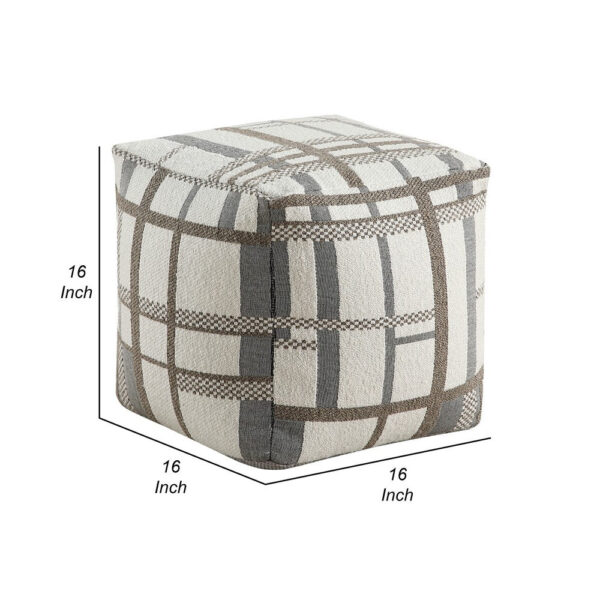 Modern Pouf Ottoman, Beige Gray Chunky Plaid Jacquard, 16 Inch Square