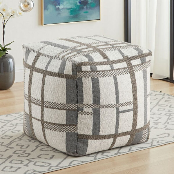 Modern Pouf Ottoman, Beige Gray Chunky Plaid Jacquard, 16 Inch Square
