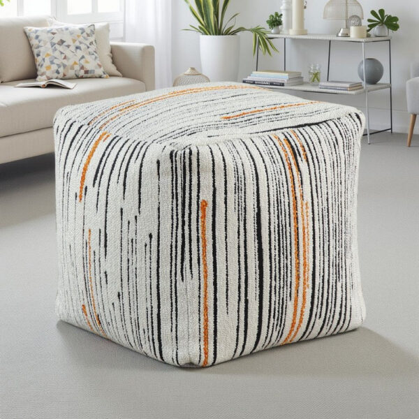 Modern Pouf Ottoman, Multicolor Vertical Striped Jacquard, 16 Inch