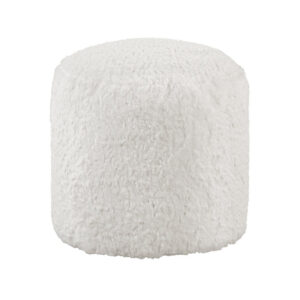Modern Pouf Ottoman, 16 Inch Round w Fluffy Off White Faux Fur Texture