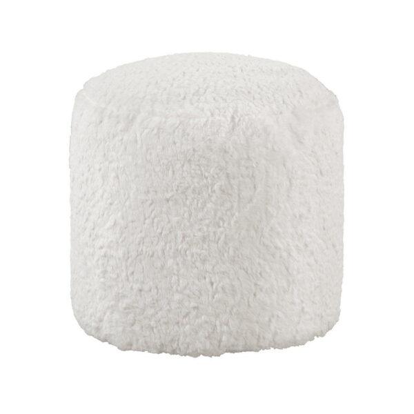 Modern Pouf Ottoman, 16 Inch Round w Fluffy Off White Faux Fur Texture