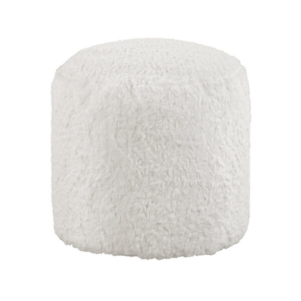 Modern Pouf Ottoman, 16 Inch Round w Fluffy Off White Faux Fur Texture