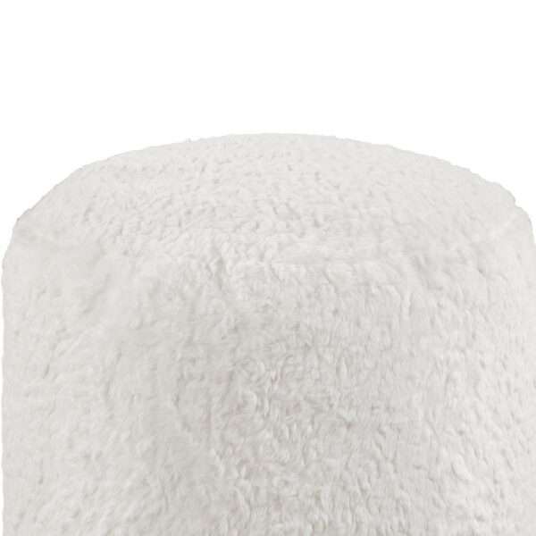 Modern Pouf Ottoman, 16 Inch Round w Fluffy Off White Faux Fur Texture