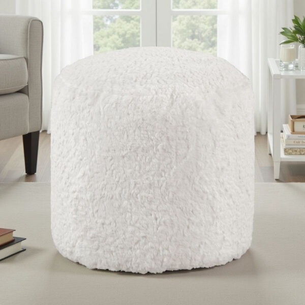 Modern Pouf Ottoman, 16 Inch Round w Fluffy Off White Faux Fur Texture