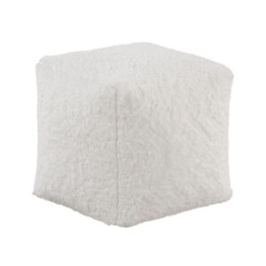 Modern Pouf Ottoman, Plush Off White Faux Fur Texture, 16 Inch Square