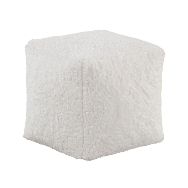 Modern Pouf Ottoman, Plush Off White Faux Fur Texture, 16 Inch Square