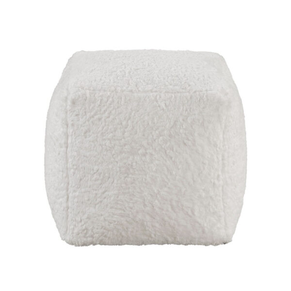 Modern Pouf Ottoman, Plush Off White Faux Fur Texture, 16 Inch Square