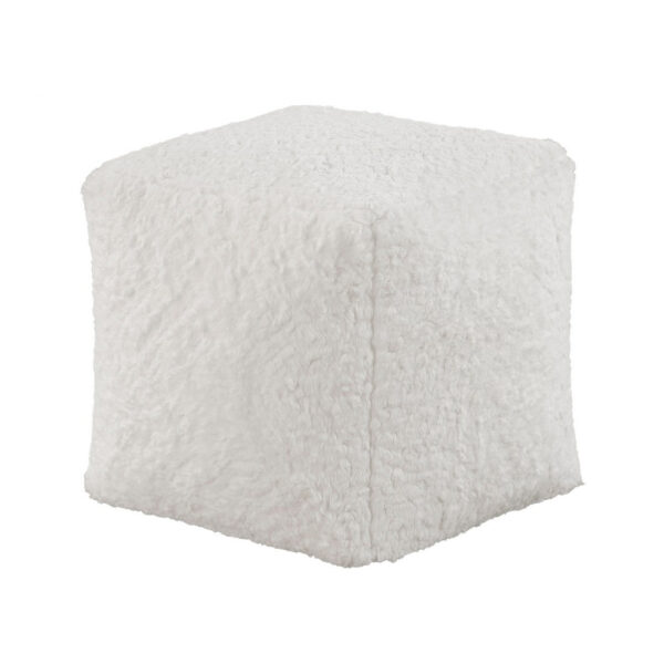 Modern Pouf Ottoman, Plush Off White Faux Fur Texture, 16 Inch Square