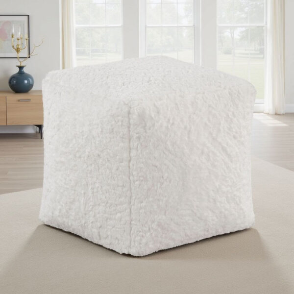Modern Pouf Ottoman, Plush Off White Faux Fur Texture, 16 Inch Square