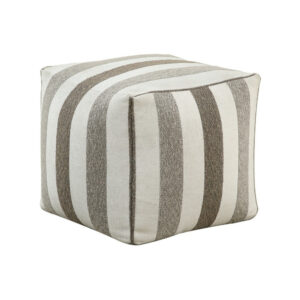 Modern Pouf Ottoman, White and Taupe Striped Jacquard, 16 Inch Square