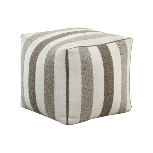 Modern Pouf Ottoman, White and Taupe Striped Jacquard, 16 Inch Square