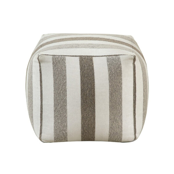 Modern Pouf Ottoman, White and Taupe Striped Jacquard, 16 Inch Square