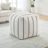 Modern Pouf Ottoman, White Black Striped Jacquard, 16 Inch Square