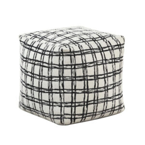 Modern Pouf Ottoman, White Black Checkered Jacquard, 16 Inch Square