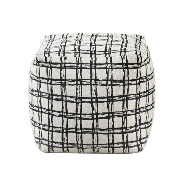 Modern Pouf Ottoman, White Black Checkered Jacquard, 16 Inch Square