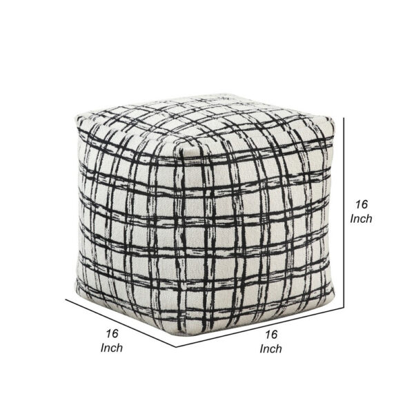 Modern Pouf Ottoman, White Black Checkered Jacquard, 16 Inch Square
