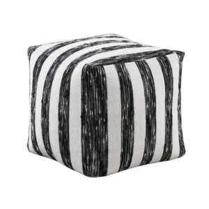 Modern Pouf Ottoman, Black White Wide Striped Jacquard, 16 Inch Square
