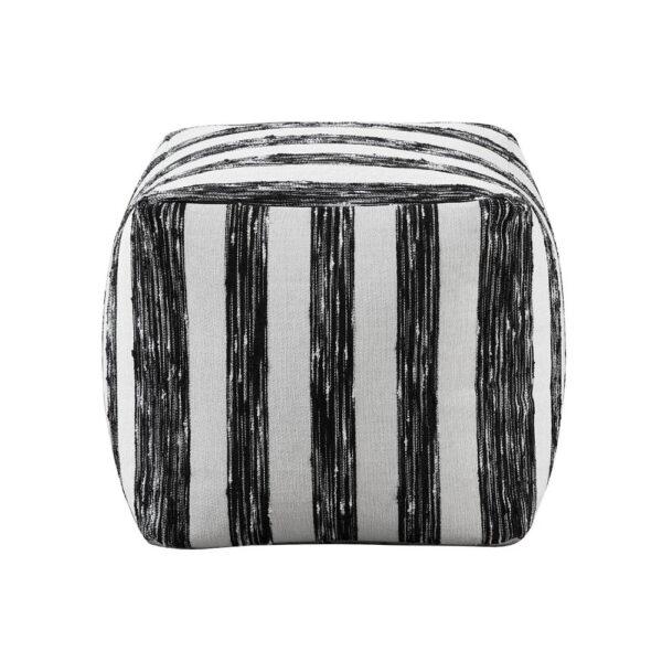 Modern Pouf Ottoman, Black White Wide Striped Jacquard, 16 Inch Square