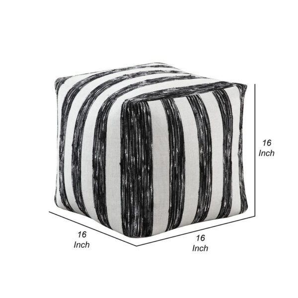 Modern Pouf Ottoman, Black White Wide Striped Jacquard, 16 Inch Square