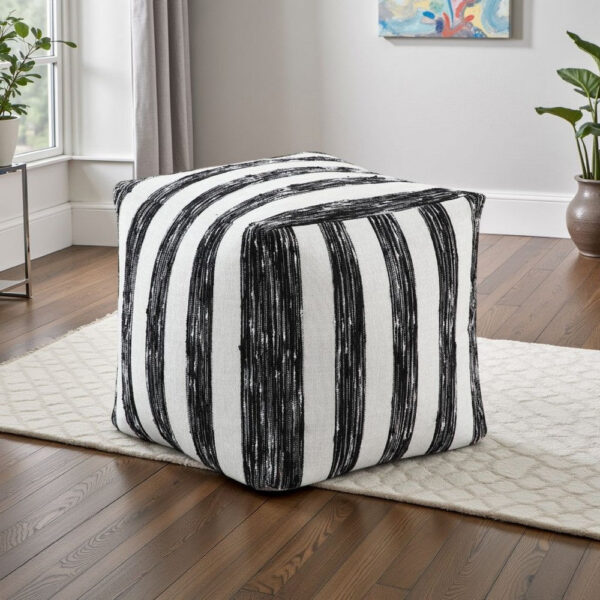 Modern Pouf Ottoman, Black White Wide Striped Jacquard, 16 Inch Square