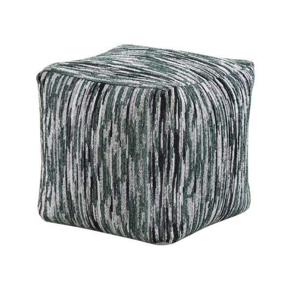 Modern Pouf Ottoman, Green White Curved Striped Jacquard, 16in Square