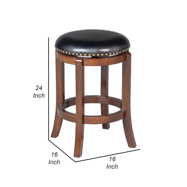 Ovi 24 Inch Wooden Swivel Counter Stool, Faux Leather Seat, Walnut Brown