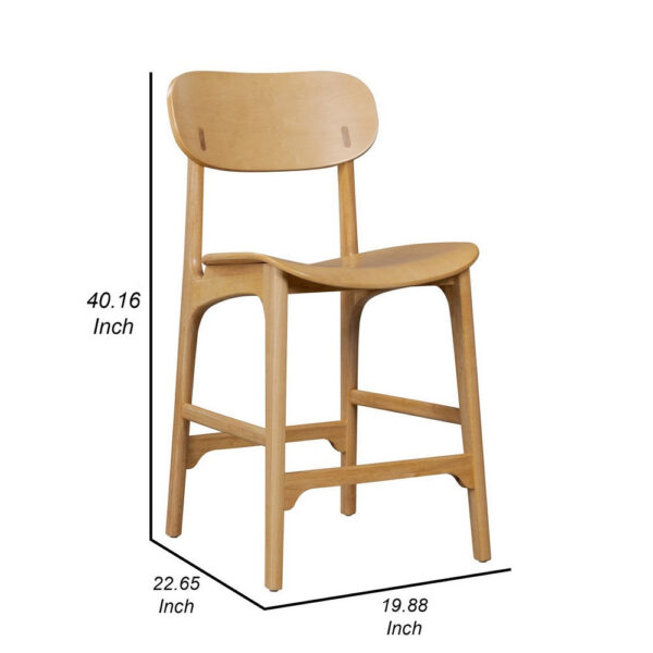Seln 24 Inch Counter Stool Chair, Curved Seat, Open Back, Light Brown Wood