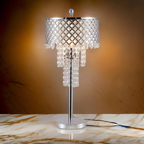 Denise 29 Inch Table Lamp, Glass, Metal Frame, Mesh Shade, Crystals, Gold