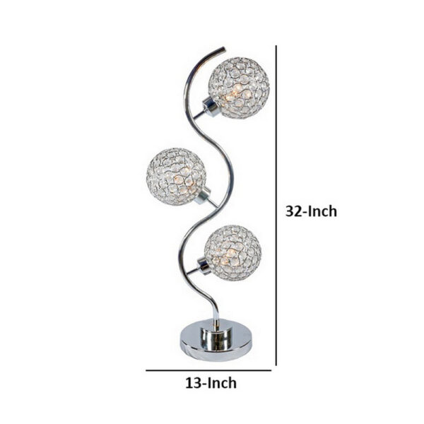 Denise 32 Inch Table Lamp, Metal Frame, Round Base Glass, Crystals, Silver