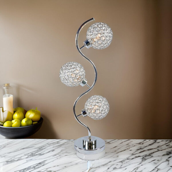 Denise 32 Inch Table Lamp, Metal Frame, Round Base Glass, Crystals, Silver